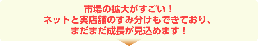 市場の拡大がすごい!ネットと実店舗のすみ分けもできており、まだまだ成長が見込めます!